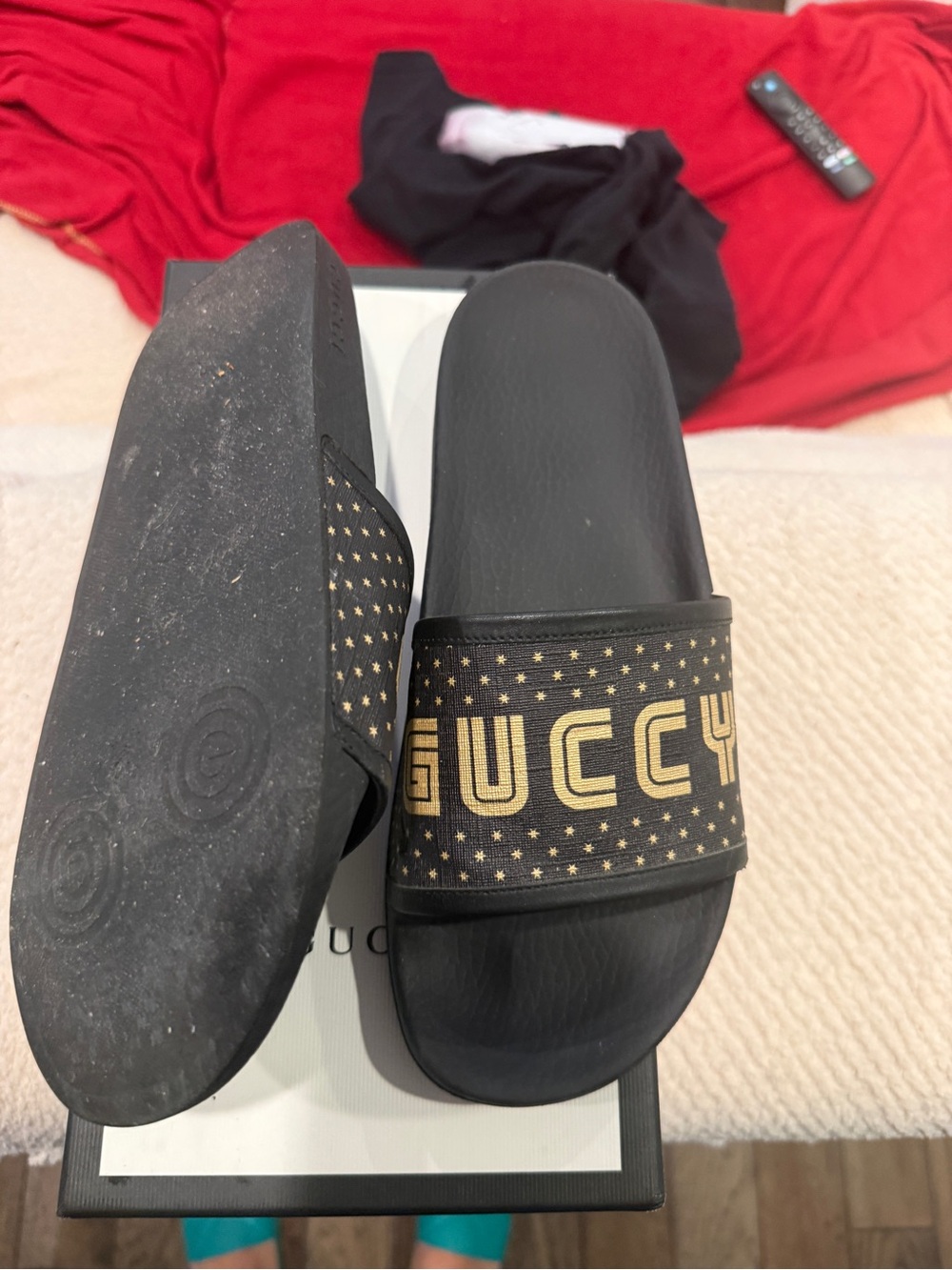 Gucci Black Slides with Gold Logo Stars - Picture 2 of 6